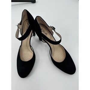 Life Stride Women's Black Suede Mary Jane Heels Ankle Strap‎ Pumps Shoes